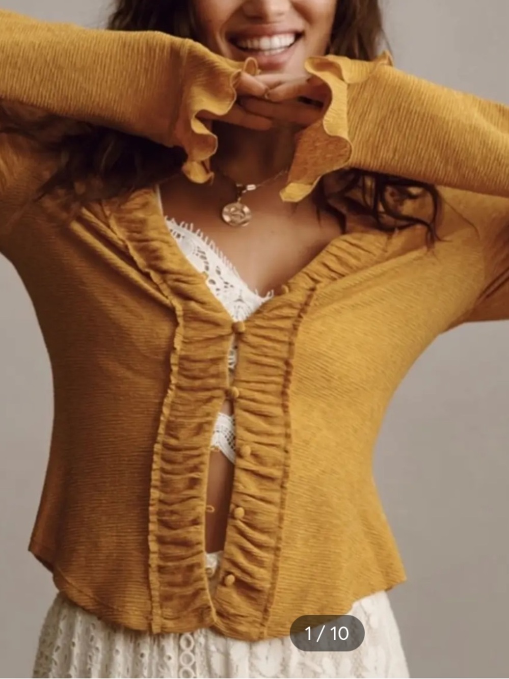 NWT Anthropologie Mustard Gold Ruffle-Trim Button Cardigan Blouse Large